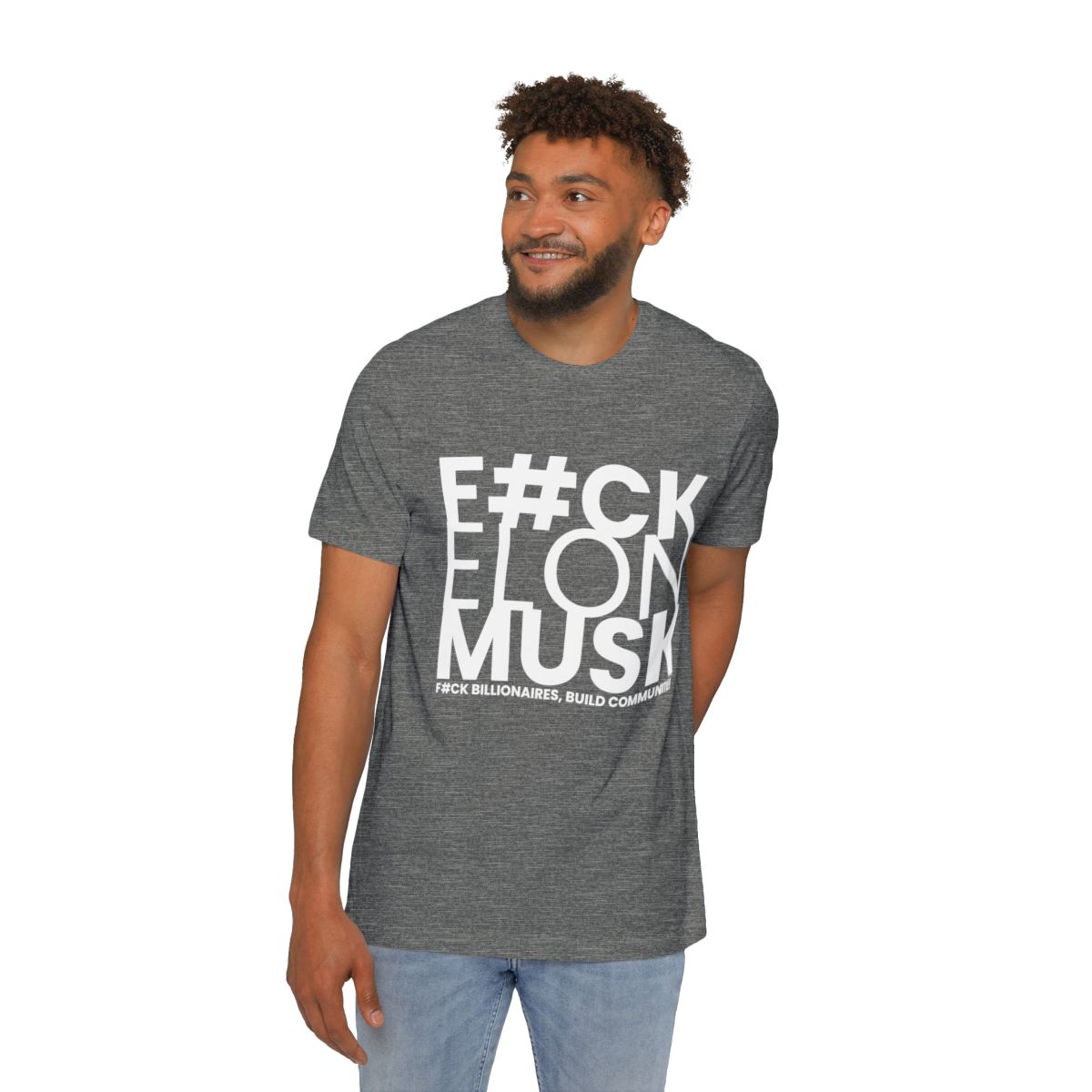 A model wearing the Deep Heather FBC F#CK ELON MUSK statement shirt